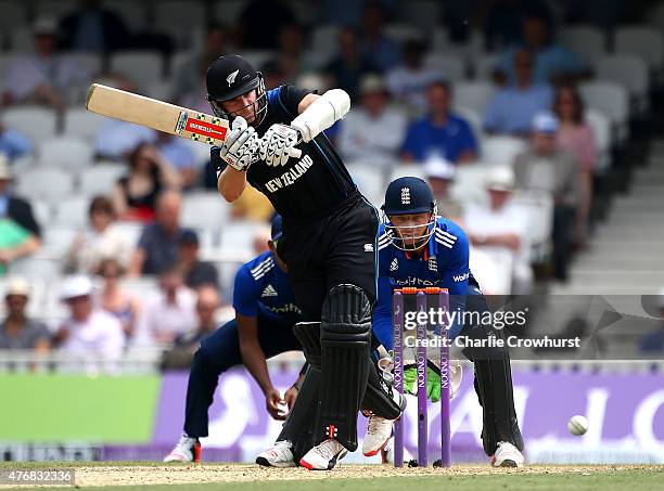 Kane Williamson of New Zealand hits out while England wicket keeper Jos Buttler looks on during the the 2nd ODI Royal London One-Day Series 2015...