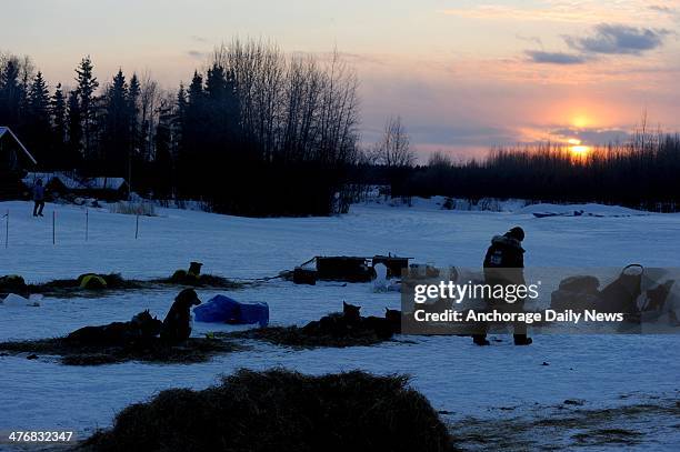 Musher walks at the Nikolai checkpoint during the Iditarod Trail Sled Dog Race at sunrise on Wednesday, March 5 in Alaska.