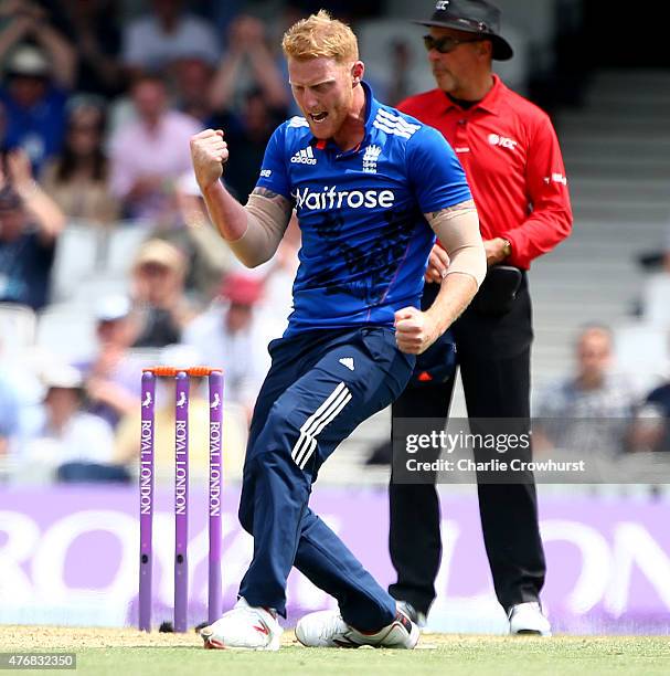 Ben Stokes of England celebrates after taking the wicket of Martin Guptill of New Zealand during the the 2nd ODI Royal London One-Day Series 2015...