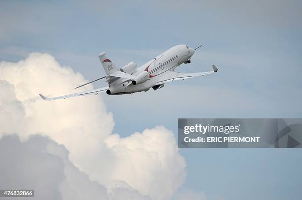 Dassault Falcon 8X flies on June 12, 2015 during the flight display preparations three days prior to the opening of the International Paris Airshow...