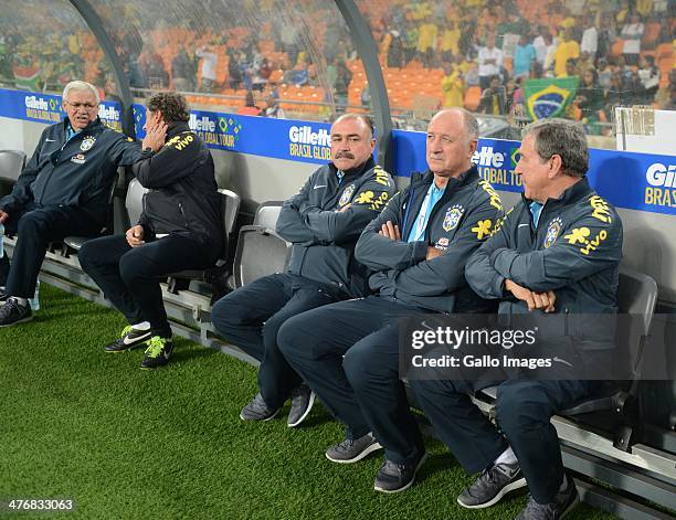 Brazil's coach Luiz Felipe Scolari and Brazil's technical coordinator Carlos Alberto Parreira look on during the International Friendly match between...