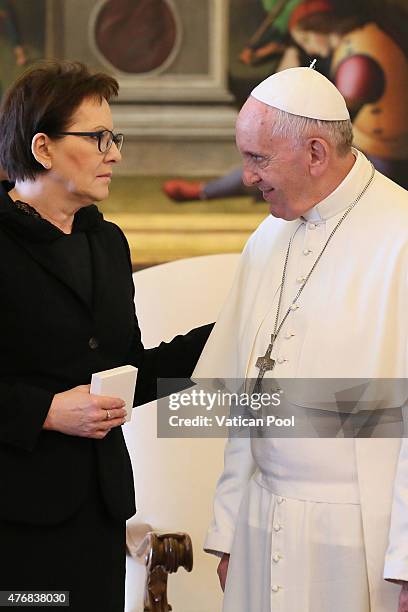 Pope Francis meets with the Prime Minister of Poland, Ewa Kopacz during an audience at the Apostolic Palace on June 12, 2015 in Vatican City,...