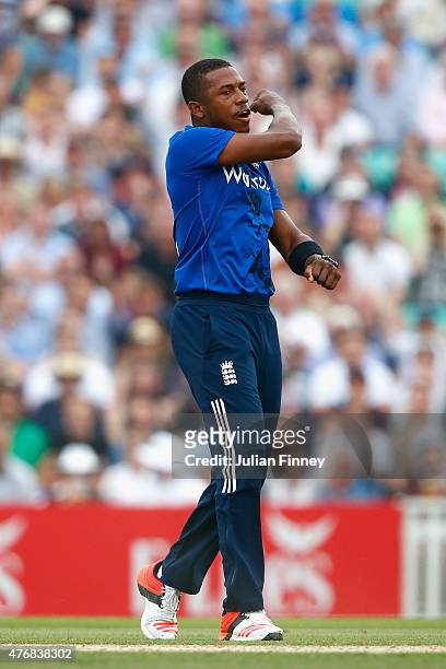 Chris Jordan of England celebrates taking the wicket of Grant Elliott of New Zealand during the 2nd ODI Royal London One-Day Series 2015 at The Kia...