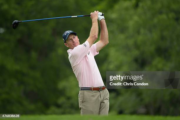 Jim Furyk tees off on the 18th hole during the final round of the Memorial Tournament presented by Nationwide at Muirfield Village Golf Club on June...