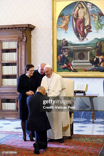 Pope Francis meets with the Prime Minister of Poland, Ewa Kopacz and her delegation during an audience at the Apostolic Palace on June 12, 2015 in...