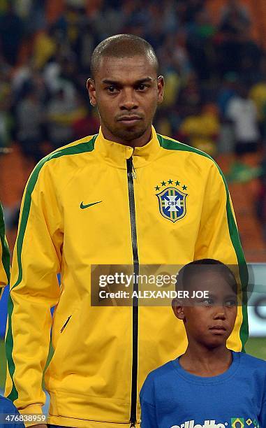 Brazil's midfielder Fernandinho poses for a picture before a friendly football match between South Africa and Brazil at Soccer City stadium in...