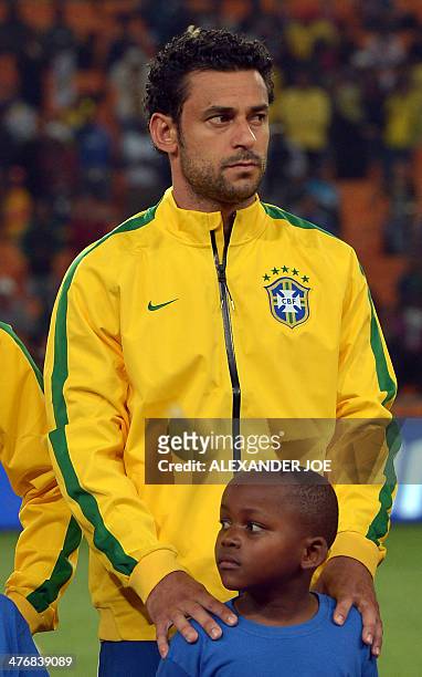 Brazil's forward Fred poses for a picture before a friendly football match between South Africa and Brazil at Soccer City stadium in Soweto, outside...