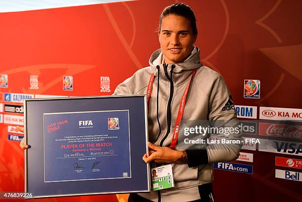 Player of the match Dzsenifer Marozsan of Germany is seen after the FIFA Women's World Cup 2015 Group B match between Germany and Norway at Lansdowne...