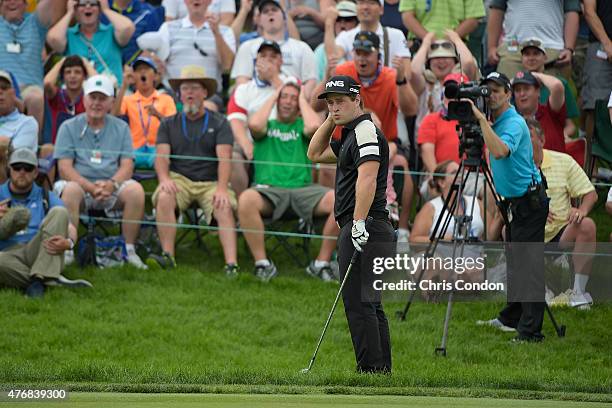 David Lingmerth plays his third shot on the 18th green during the final round of the Memorial Tournament presented by Nationwide at Muirfield Village...