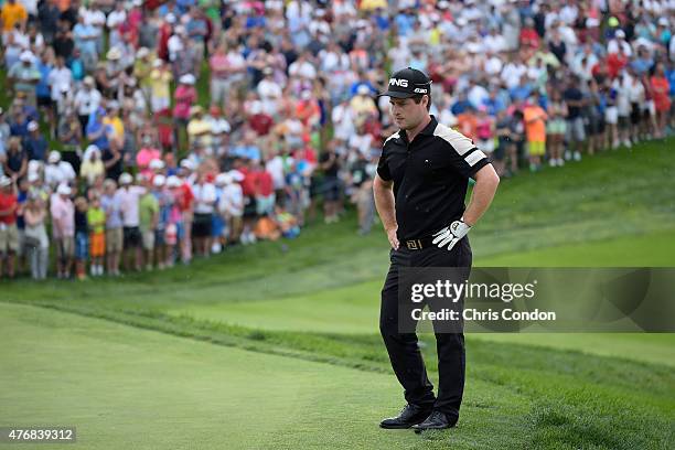 David Lingmerth waits to putt on the 18th green during the final round of the Memorial Tournament presented by Nationwide at Muirfield Village Golf...