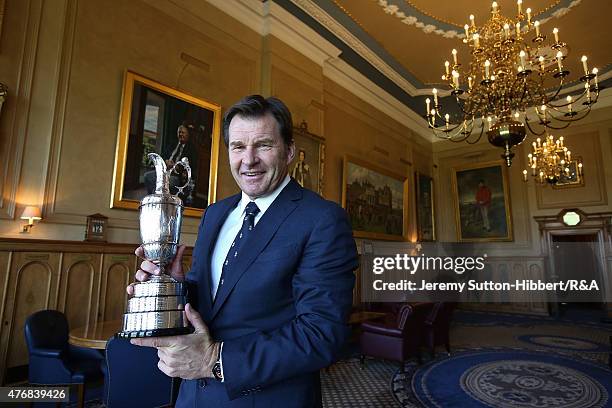 Sir Nick Faldo, golfer and three times winner of the Open Championship, with his Open Championship winner's Claret Jug, in the Big Room of the Royal...