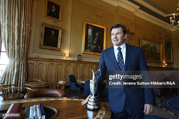 Sir Nick Faldo, golfer and three times winner of the Open Championship, with his Open Championship winner's Claret Jug, in the Big Room of the Royal...