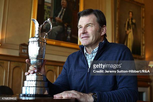Sir Nick Faldo, golfer and three times winner of the Open Championship, with his Open Championship winner's Claret Jug, in the Big Room of the Royal...