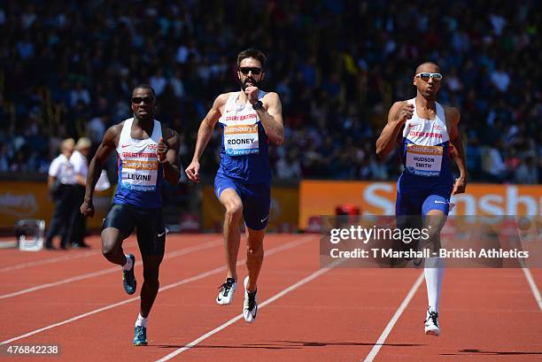 Nigel Levine of Great Britain, Martyn Rooney of Great Britain and Matthew Hudson-Smith of Great Britain compete in the Men's 300m during the...