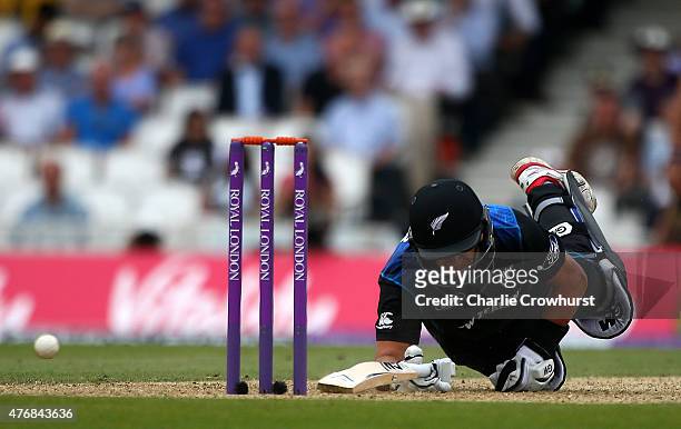Ross Taylor of New Zealand dives to escape a run out during the the 2nd ODI Royal London One-Day Series 2015 match between England and NewZealand at...