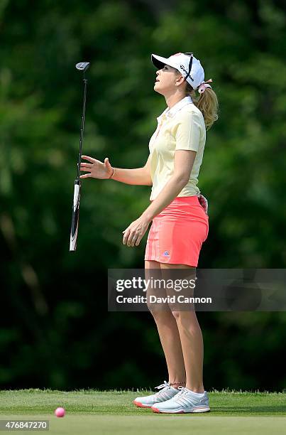 Paula Creamer of the United States reacts to just missing a biridie putt on the par 4, 10th hole during the second round of the 2015 KPMG Women's PGA...