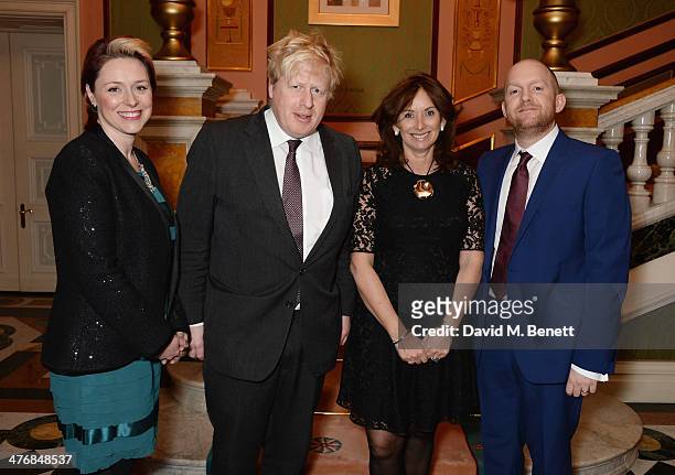 Claire Geveaux, Boris Johnson, Anita Zabludowicz and Richard Robinson attend a dinner hosted by John Caudwell on March 5, 2014 in London, England.