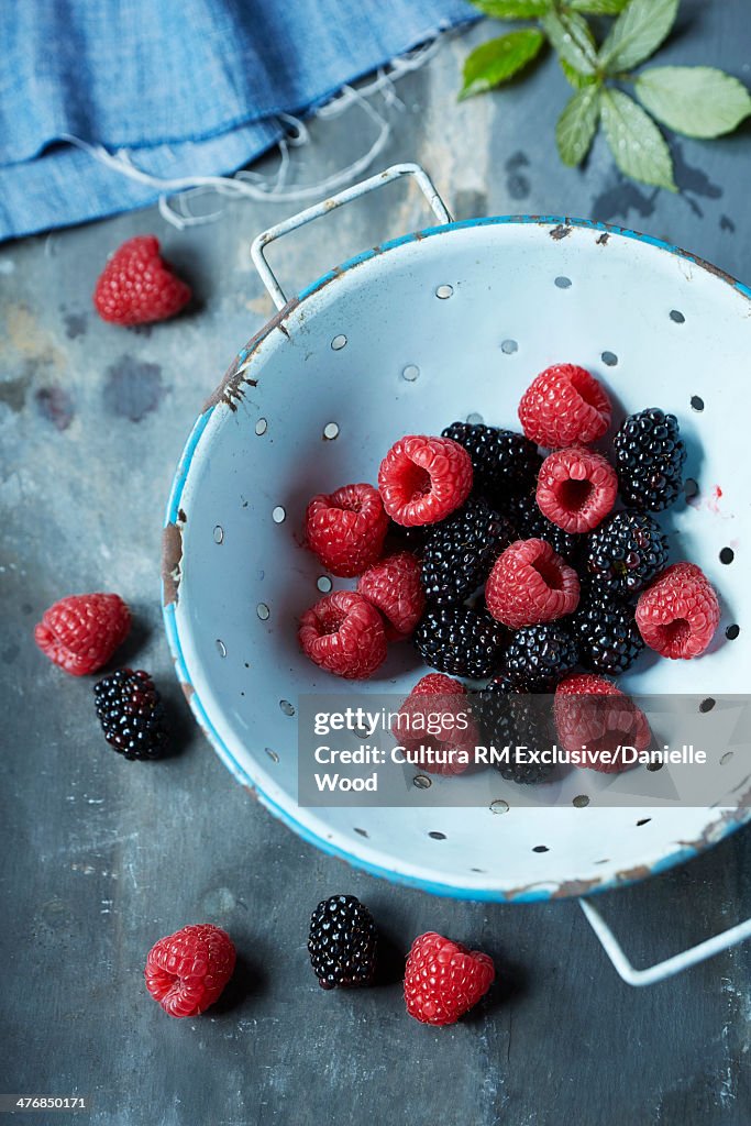 Raspberries and blackberries in a colander on a slate background with raspberry leaves