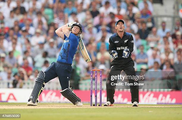 Ben Stokes of England hits out during the 2nd Royal London ODI between England and New Zealand at The Kia Oval on June 12, 2015 in London, England.