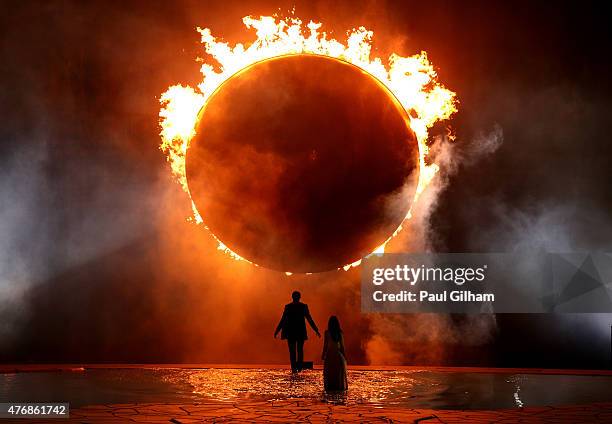 Ring of fire representing a total solar eclipse burns during the Opening Ceremony for the Baku 2015 European Games at the Olympic Stadium on June 12,...