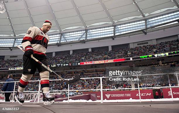 Matt Kassian of the Ottawa Senators leaves the ice after the pre-game warm up prior to NHL action against the Vancouver Canucks on March 02, 2014 at...