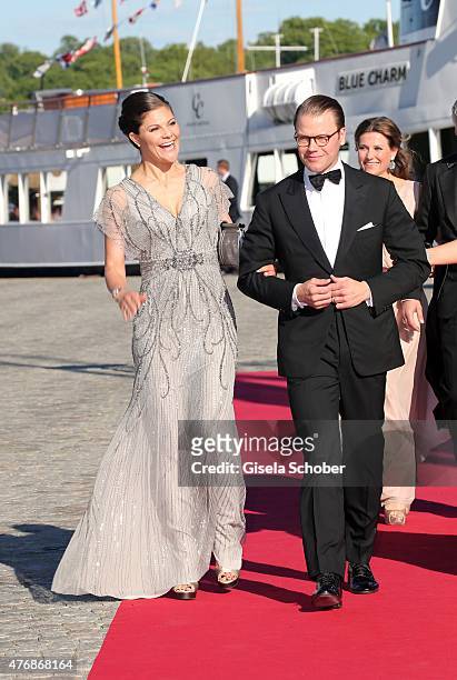 Crown Princess Victoria of Sweden and her husband Daniel, Duke of Vastergotland arrive for the private Pre-Wedding Dinner of Swedish Prince Carl...