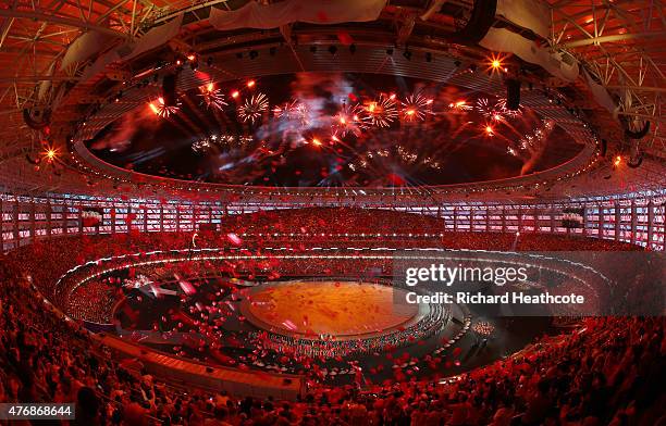 Fireworks erupt over the stadium during the Opening Ceremony for the Baku 2015 European Games at the Olympic Stadium on June 12, 2015 in Baku,...