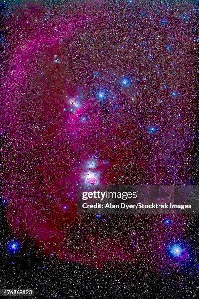 the orion nebula, belt of orion, sword of orion and nebulosity. - orion belt stock pictures, royalty-free photos & images
