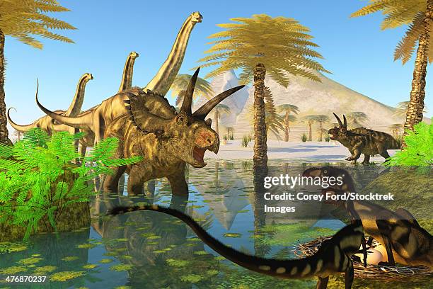 two dilong dinosaurs guard their nest when a coahuilaceratops dinosaur comes over to investigate. - swamp monster stock illustrations