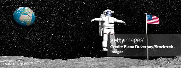 ilustrações, clipart, desenhos animados e ícones de first astronaut on the moon floating next to american flag with earth in the background. - andando na lua