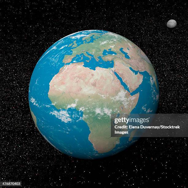 planet earth and moon in the universe surrounded with plenty of stars - eastern hemisphere stock illustrations