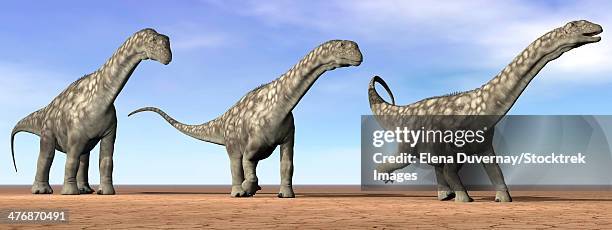 stockillustraties, clipart, cartoons en iconen met three argentinosaurus dinosaurs standing in the desert by daylight. - argentinosaurus