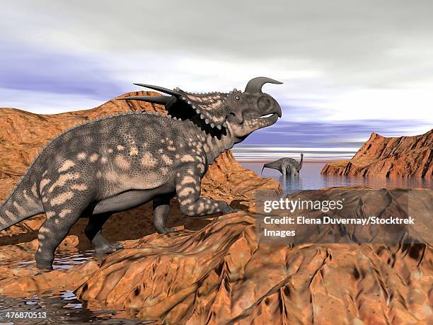 einiosaurus dinosaur on a rock observing an argentinosaurus dinosaur in the water. - argentinosaurus stock illustrations