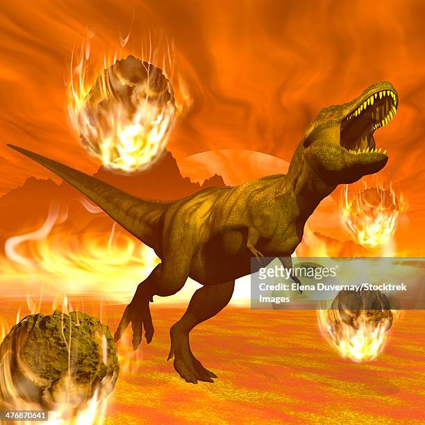 tyrannosaurus rex struggles to escape from a meteorite crash. - asteroid impact stock-grafiken, -clipart, -cartoons und -symbole