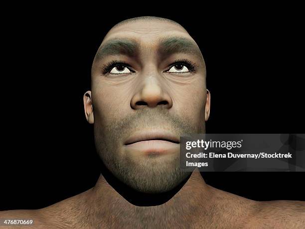 stockillustraties, clipart, cartoons en iconen met portrait of a male homo erectus, prehistoric ancestor that lived around 1.8 million years ago, black background - barbaar