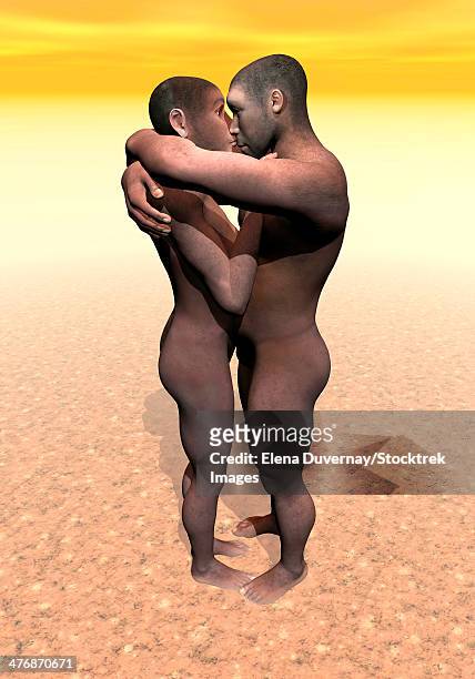 male and female homo erectus hugging in the desert. - animals kissing stock illustrations