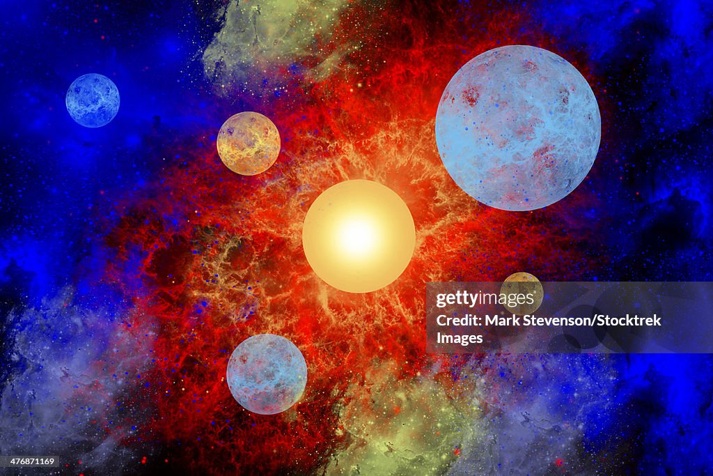 The formation of new planets in an alien star system.