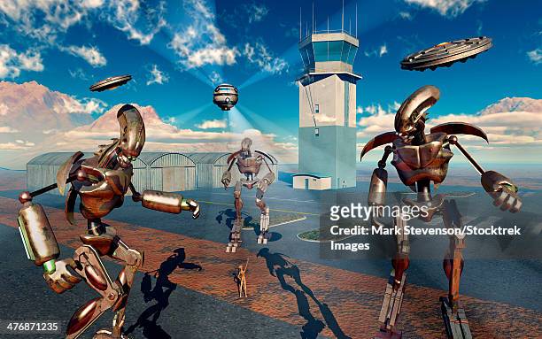 illustrations, cliparts, dessins animés et icônes de an alien being with giant robots at the area 51 top secret base in roswell, new mexico. - area 51