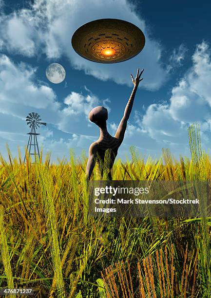 an alien being directing a ufo in making crop circles. - crop circles stock illustrations