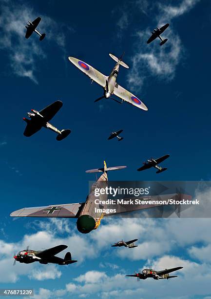 a supermarine spitfire attacking a messerschmitt bf 109 during the battle of britain. - battle of britain stock illustrations