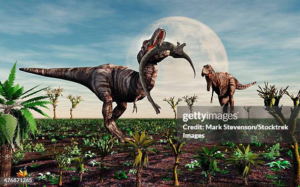 stockillustraties, clipart, cartoons en iconen met tyrannosaurus rex with a freshly killed young sauropod dinosaur. - leaf on roof