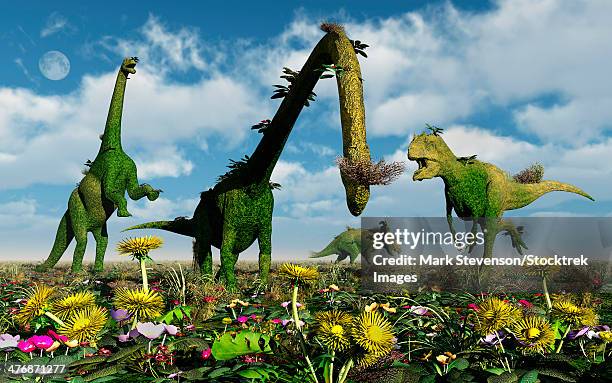 a conceptual dinosaur garden. - t rex cgi stock illustrations