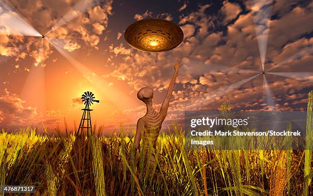 an alien being directing its spacecraft to make crop circles. - crop circles stock illustrations