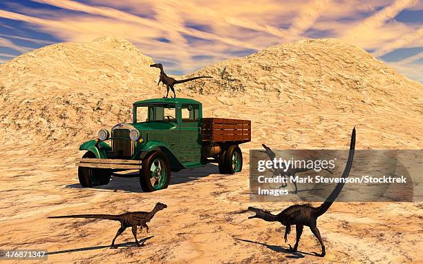 a pack of velociraptors react curiously to a 1930's american pickup truck. - 1930s era stock illustrations