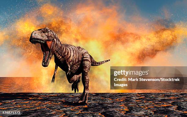 ilustrações, clipart, desenhos animados e ícones de a lone tyrannosaurus rex dinosaur on the run from a violent fire storm during the cretaceous period. - atividade vulcânica