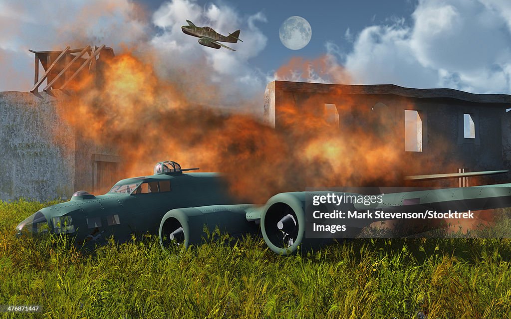 An American B-17 Flying Fortress shot down by a German Messerschmitt 262 jetfighter plane over Nazi occupied Europe during World War II.