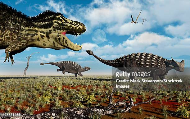 ilustrações, clipart, desenhos animados e ícones de a carnivorous tyrannosaurus rex hunting down a pair of ankylosaurus dinosaurs during earth's cretaceous period. - scute
