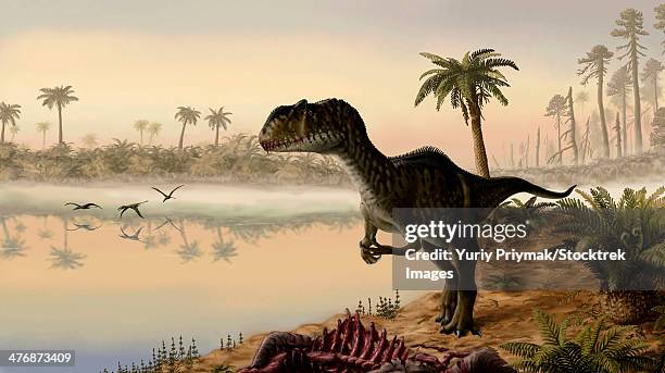 yangchuanosaurus shangyouensis eats the carrion of a dead animal as angustinaripterus longicephalus scavenge in the background. - swamp monster stock illustrations