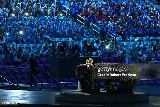 Lady Gaga performs during the Opening Ceremony for the Baku 2015 European Games at the Olympic Stadium on June 12, 2015 in Baku, Azerbaijan.