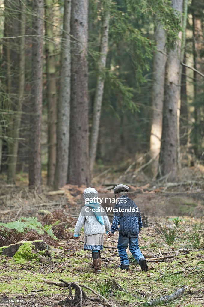 Germany, North Rhine-Westphalia, Moenchengladbach, Scene from fairy tale Hansel and Gretel, brother and sister in the woods